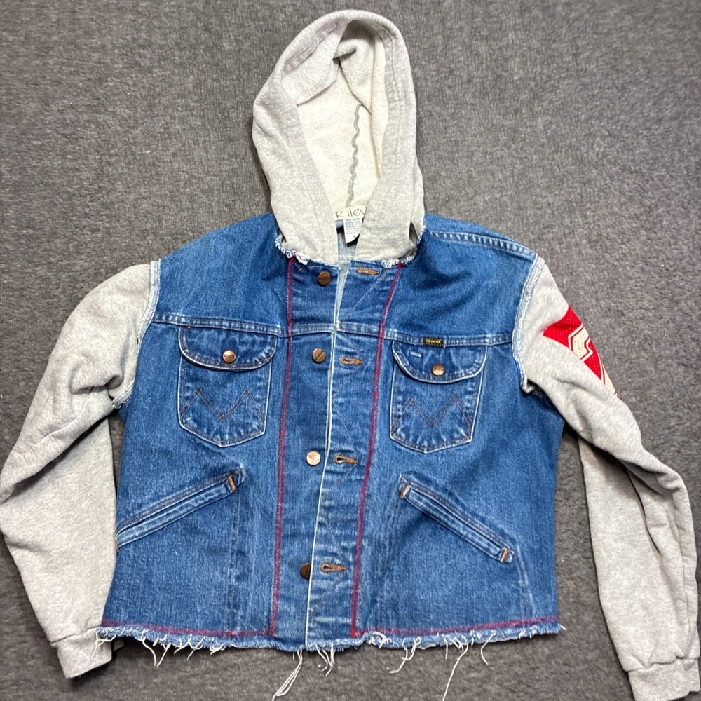 Riley Maverick Denim Hoodie Jacket Women Large Blue Gray Upcycled Varsity Patch